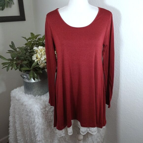 RUST/BURGUNDY DRESS WITH LACE HEM SZ.M EUC - Picture 1 of 3